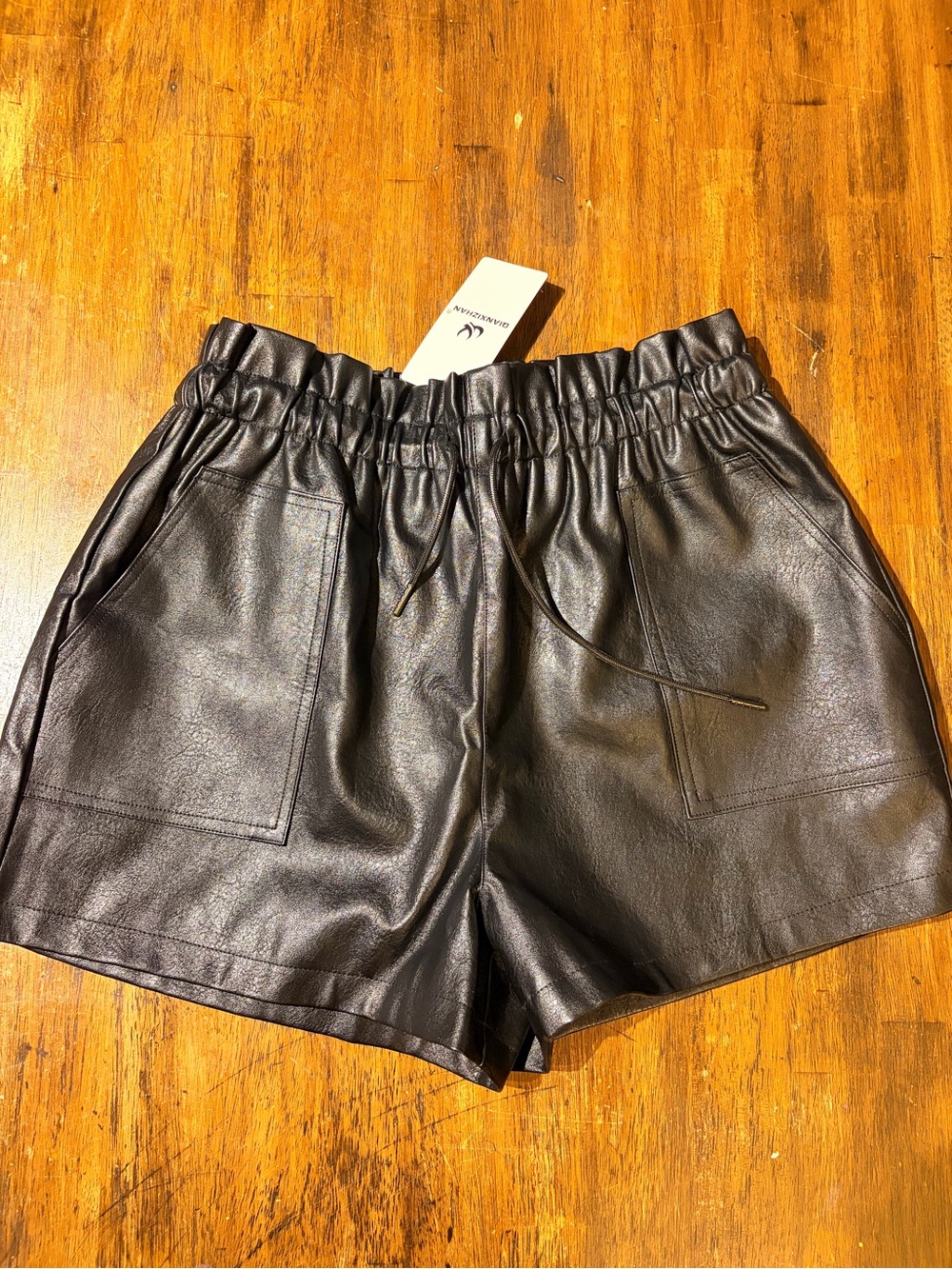 NWT High-Waist Black Faux Leather Drawstring Shorts